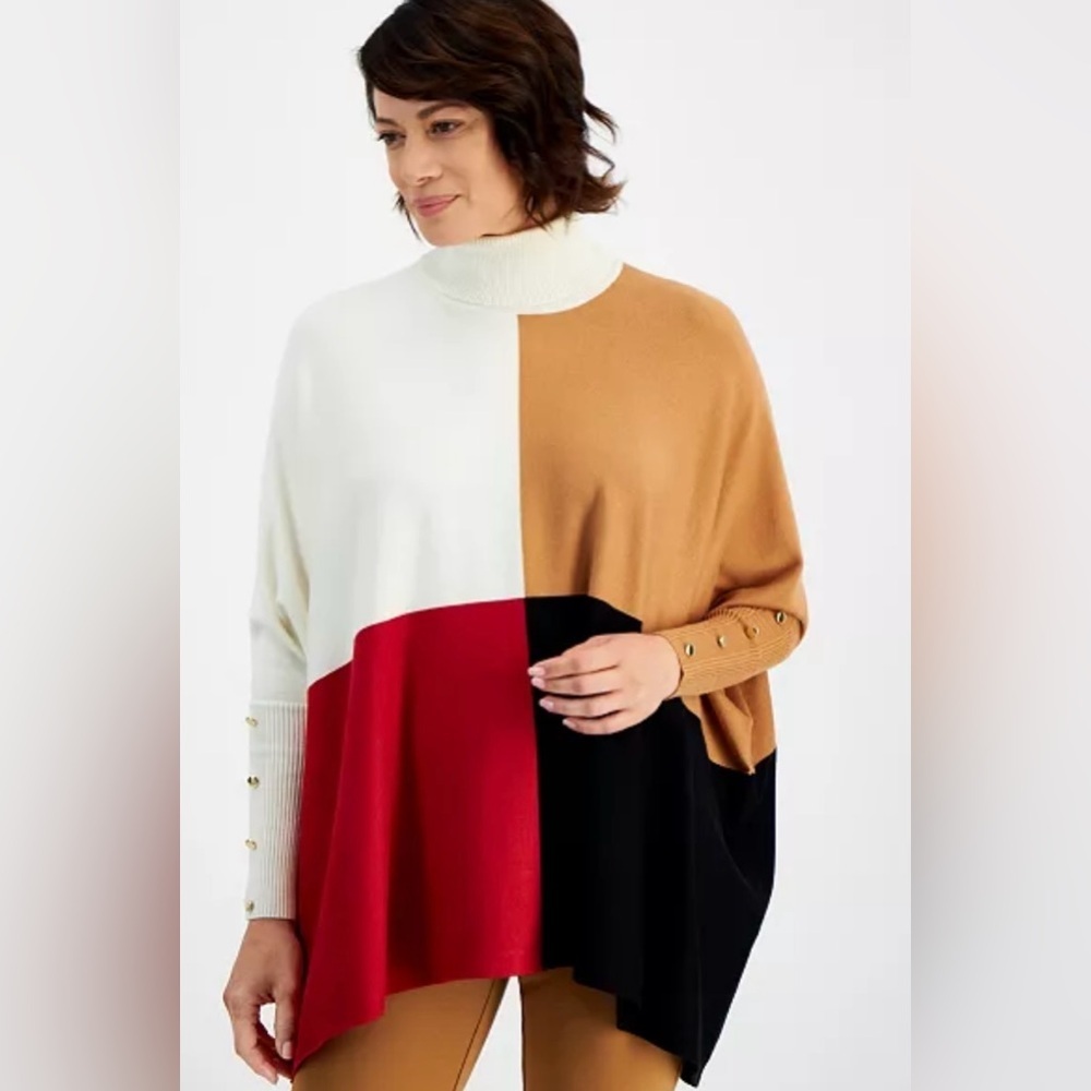 JM Collection  Petite Turtleneck Color Bloqued Buttom Trim Poncho Sweater